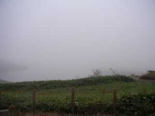 野反湖　霧の向こう微かに湖面が