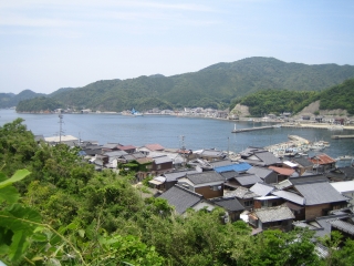 青海島東部　通の港町を望む